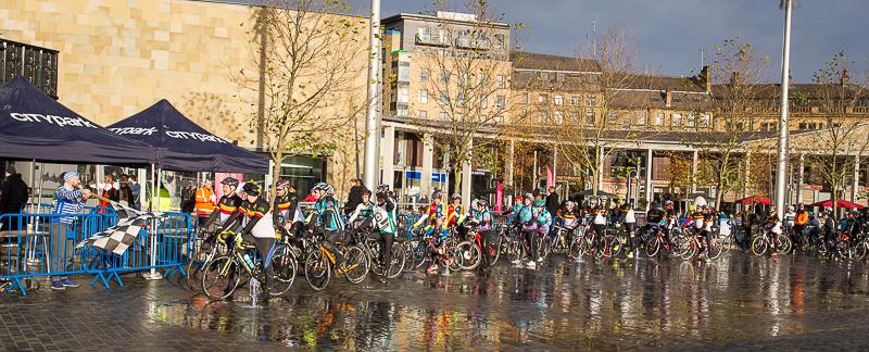 A group of cyclists gathered before a weekend ride in Bradford